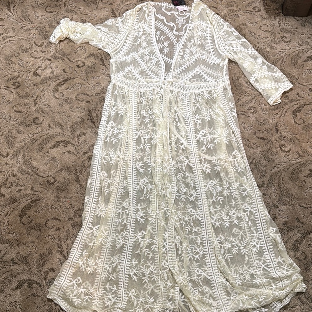 White Lace Long Kimono Cardigan